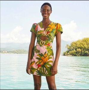 Farm Rio Dress Pink Cocoa Forest Linen Mini Tropical Palm Print Beach Swim
